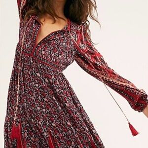 Free People Long Sleeve Floral Dress - Red and Black Excellent Condition